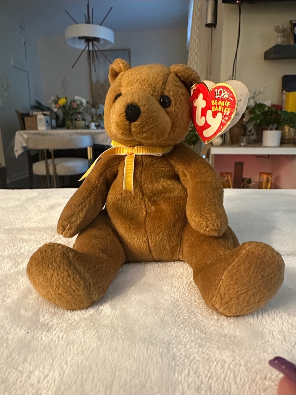 Ty Brown Teddy Bear Sherwood Plush with Yellow Ribbon - Beanie Babies Style